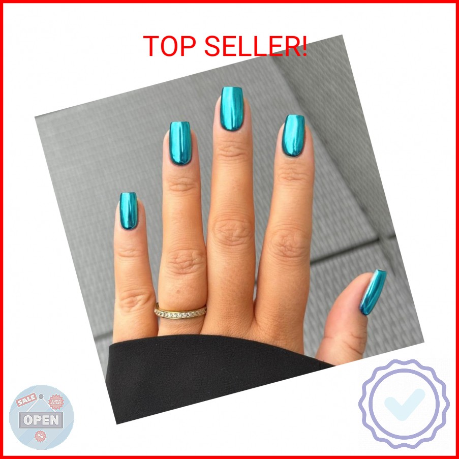 Mirror Metal Teal Blue Press on Nails Medium Short Square Chrome Glazed Short Ge