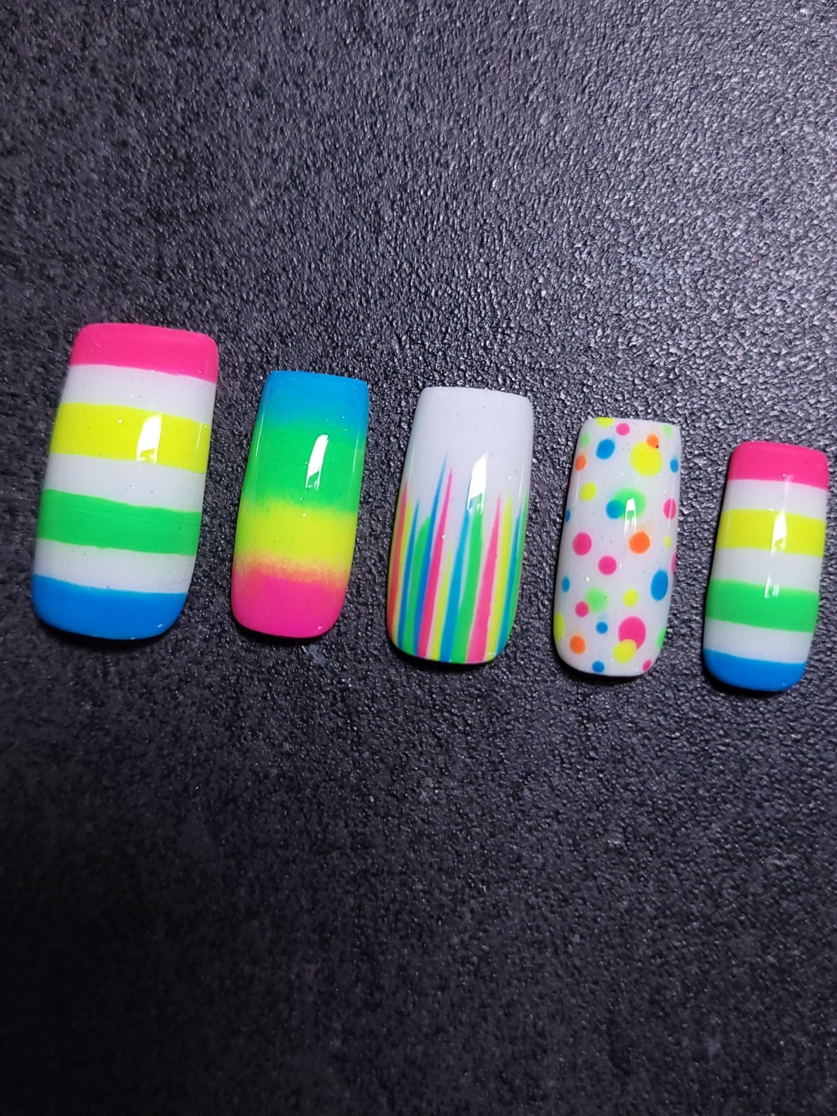 Custom Gel Press on Nails Handmade 10 pc set LARGE Neon Rainbow Dot Stripe Ombre