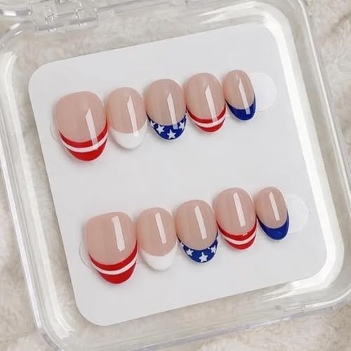 4th of July Press On Nails – Short Almond False Nails – NEWSPIED Design Style-14