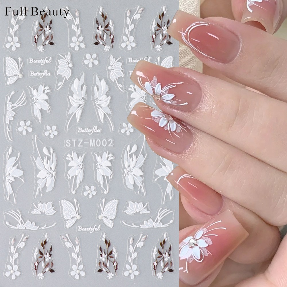 2Pcs White Butterfly Flower Lily Petal Matte Effect Thin Nail Art Stickers NH27
