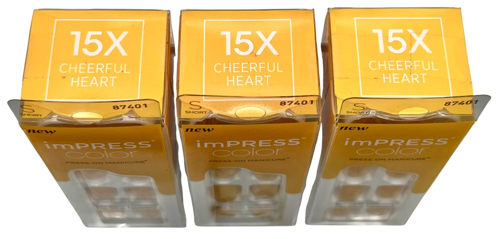 3X Kiss Nails imPRESS Color Press On Manicure Glossy Yellow Cheerful Heart 15X