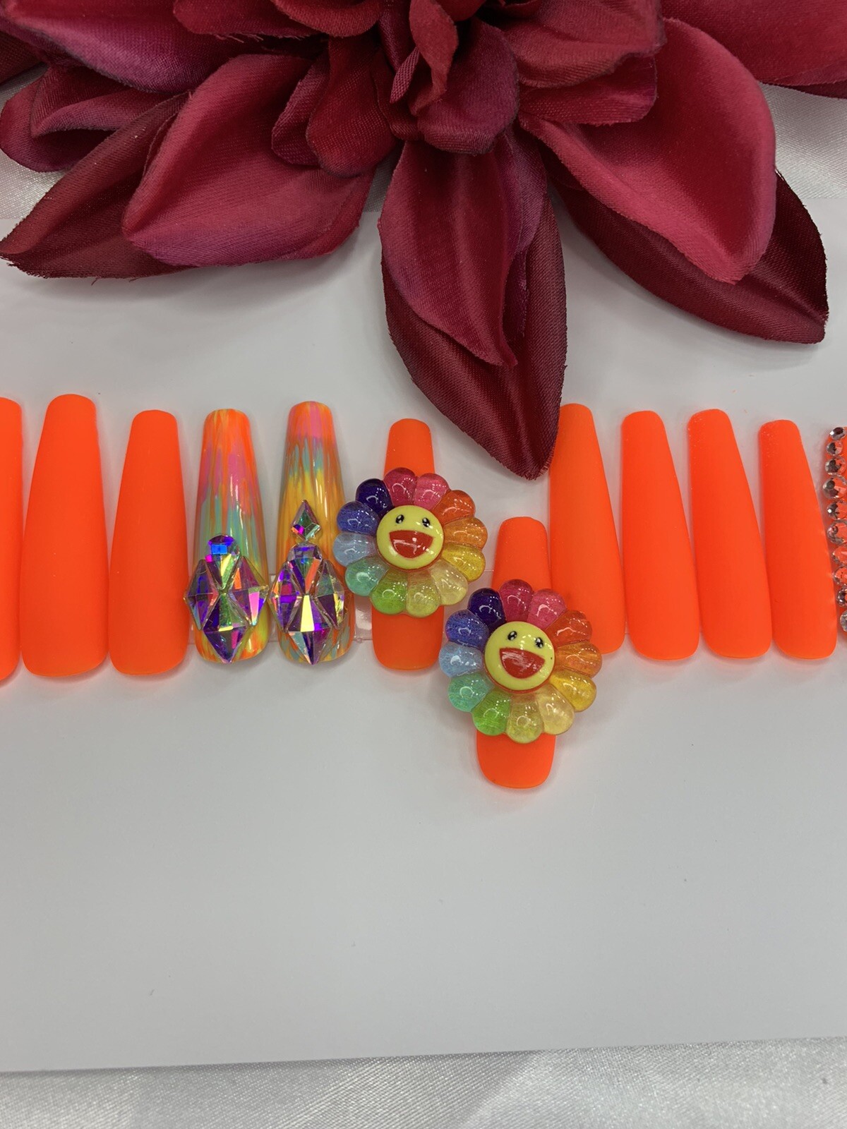 press on nails handmade| Happy Smiley| xL Coffin Set Matte Orange