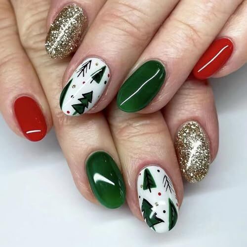 Christmas Press on Nails Short Oval Fake Nails Green Christmas Tree False A7