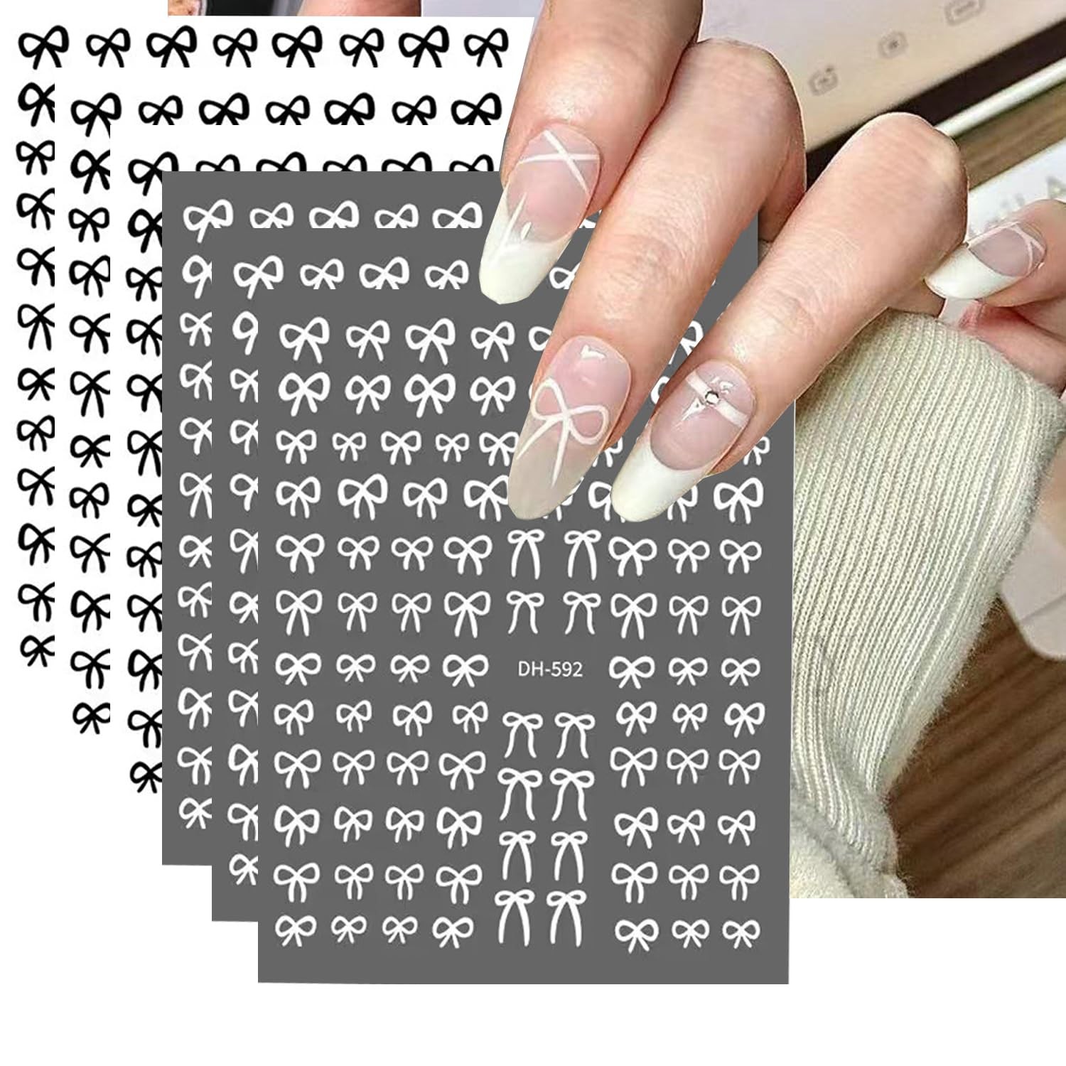 6 Sheets Designer Nail Art Stickers French Nail Decals Black White Bow Design…