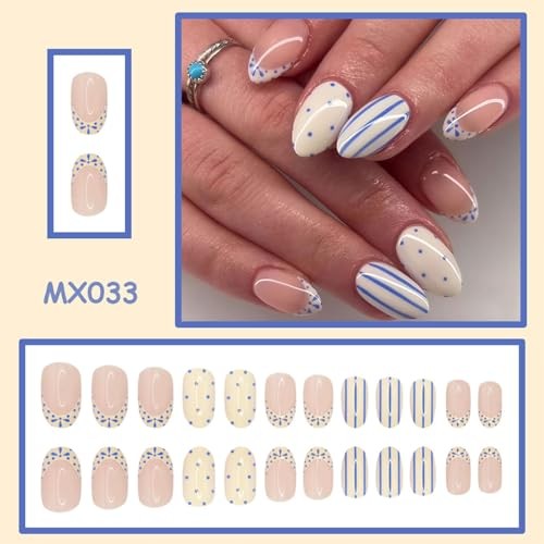 French Tip Press on Nails – Short Almond Fake Nails – Blue Polka Dots – Blue-21