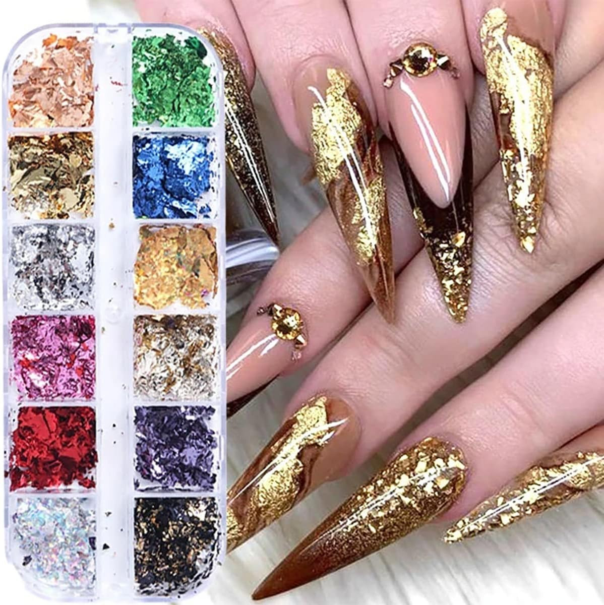 12 Colors Glitter Foil 3D Ultra-Thin Gold Aluminum Flakes Sparkling Design Nail