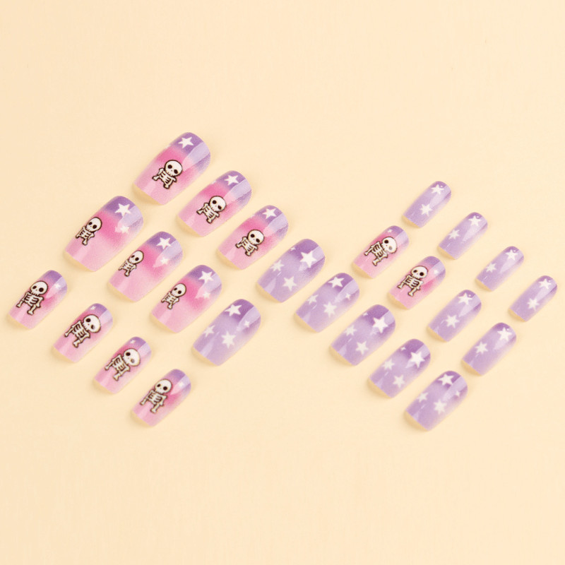 48Pcs-Long Square Pink Purple Gradient Cartoon Skeleton White Star Press on Nail