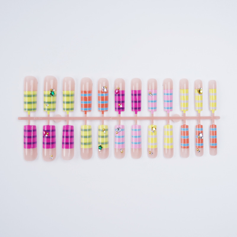 24pcs-Press on Nails Colorful Striped Star Rhinestone Long Square Y2K Nail Set