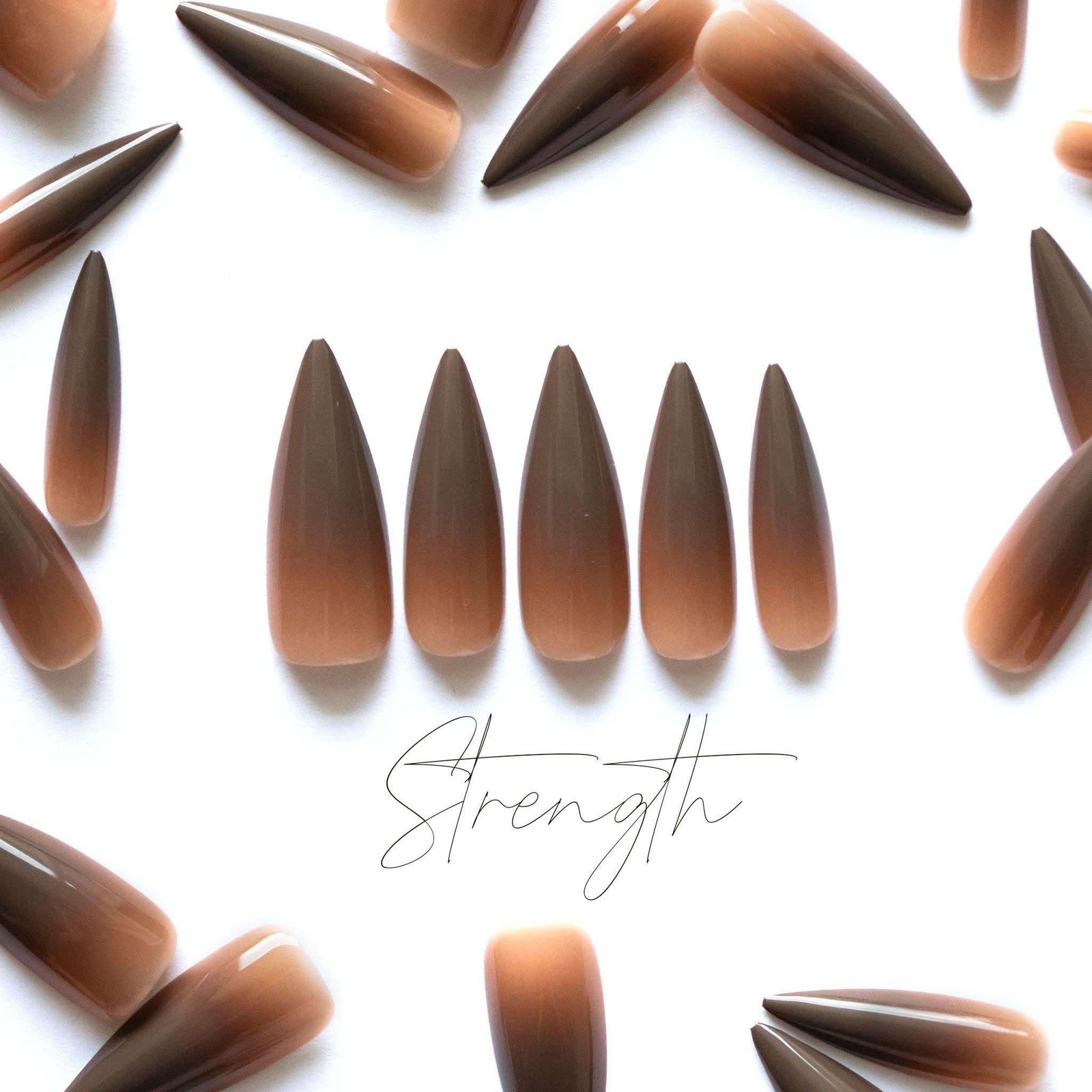 Siara Martin Beauty Strength Press On Nails Brown Ombre Stiletto Long Style