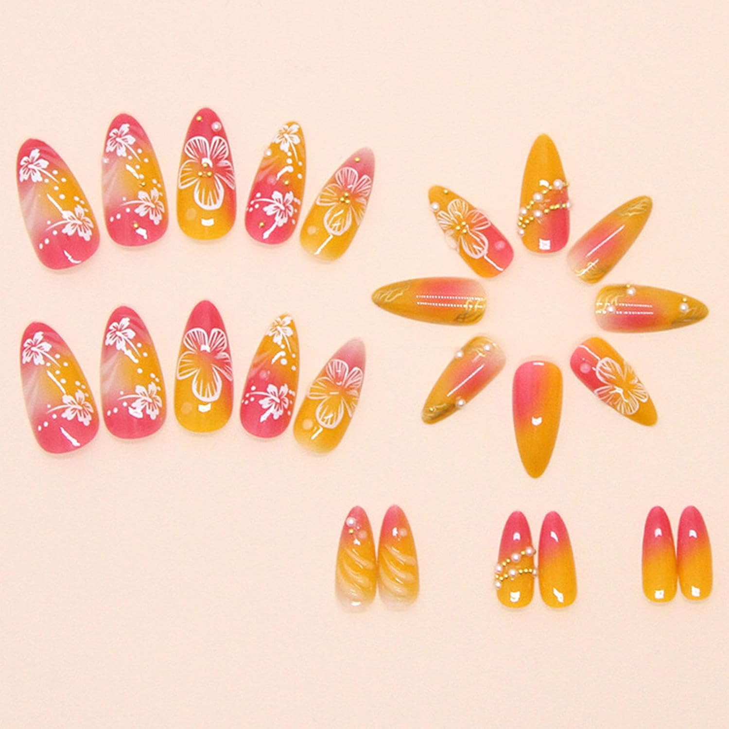 24Pcs Flower Press on Nails Almond Medium Stick on Nails Yellow 3D Floral Pearl