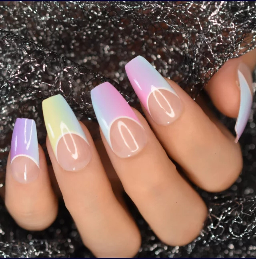 24 Medium Press on nails kit w glue rainbow ombre french clear