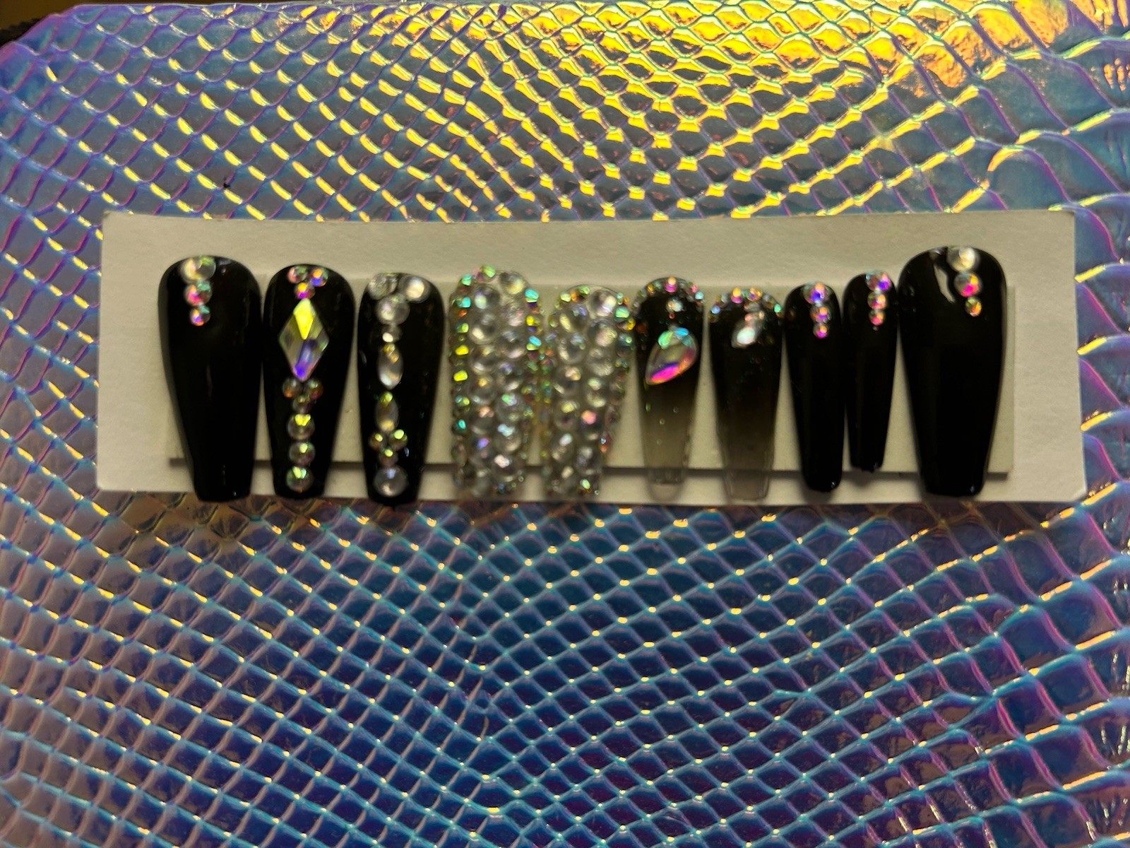 Halloween 🎃Black Handmade Black With Diamonds Press On Nails Long Coffin ✨🖤