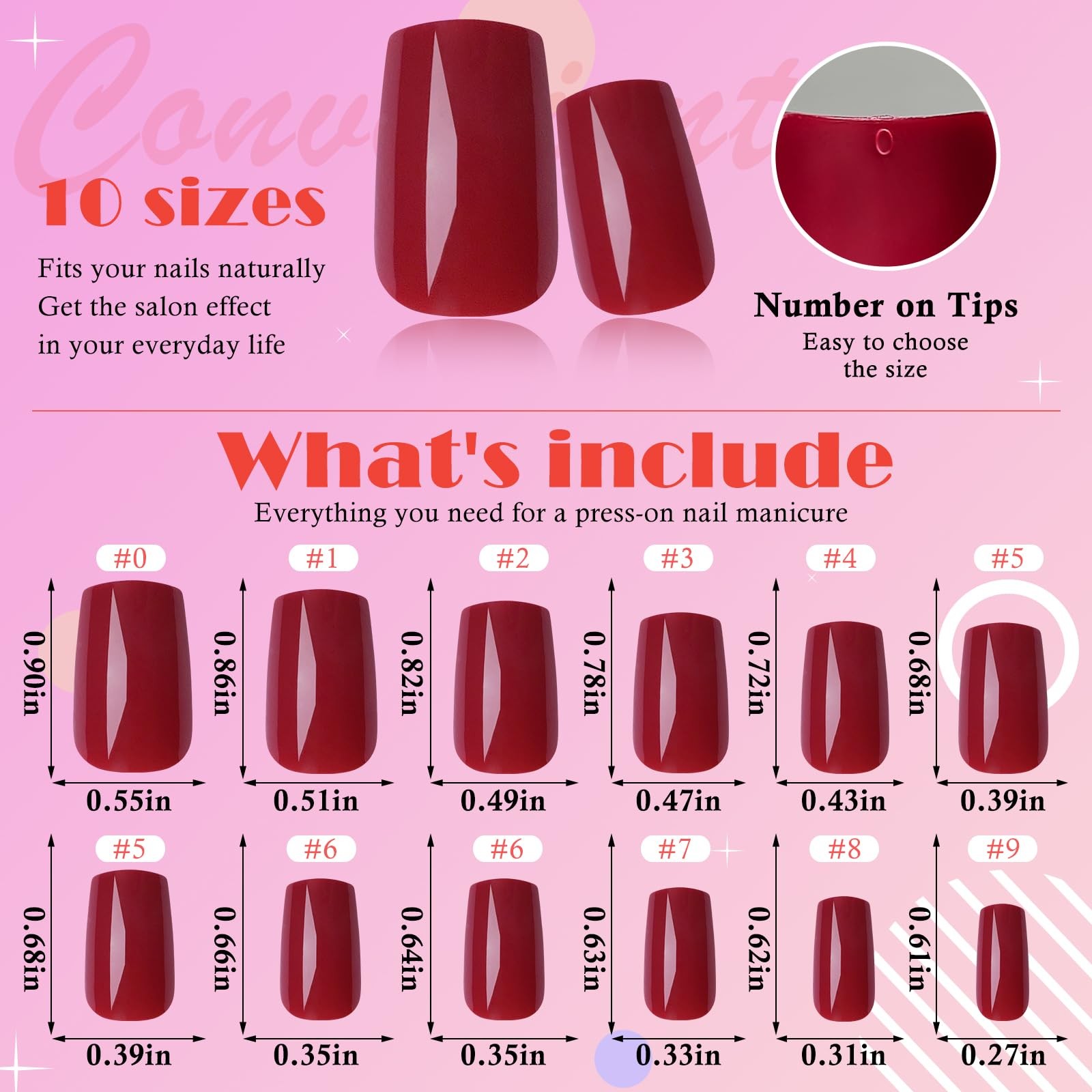 AddFavor 240pcs Red Press on Nails Medium Square Fake Nails, 10 Size,