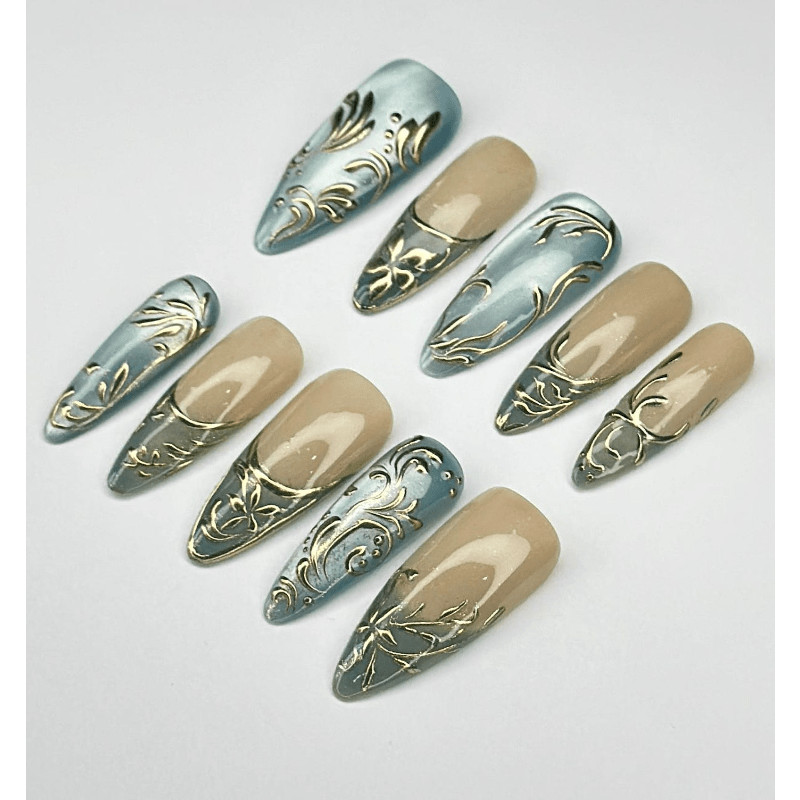 Ice Blue Metal Handmade Press on Nails Vine Gold Line French Minimal Fake Nails