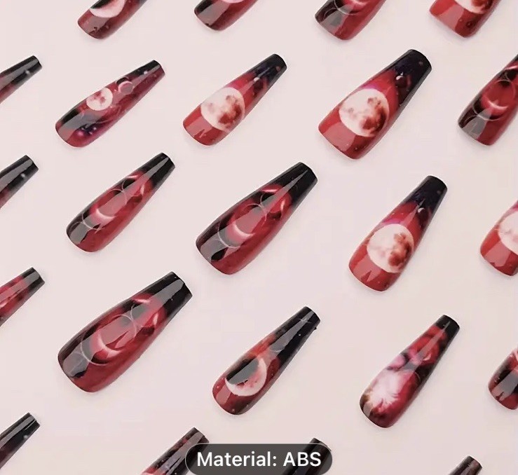 24 Red Moon Celestial Coffin Shaped Long Stiletto Press On Nails incl Glue & Tab