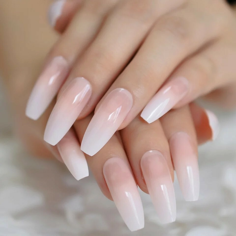Ombre French Tip Press On Nails Extra Long Coffin White Nude Baby boomer classic