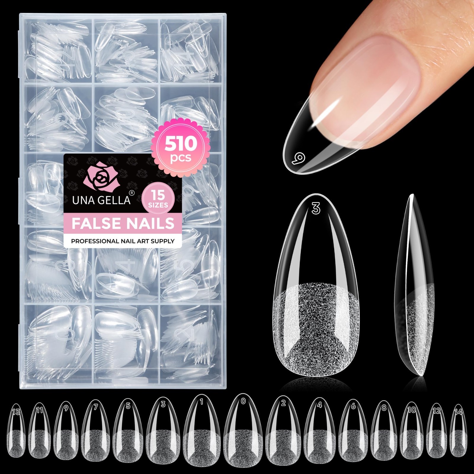 510Pcs Almond Nail Tips – Pre-Etched Clear Full Cover Acrylic Press-On Nails, 15