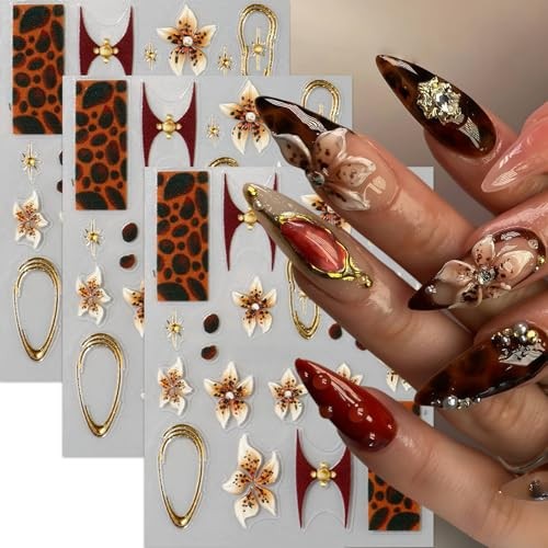 3 Sheets Brown Leopard Print Nail Stickers 5D Embossed Floral leopard flower