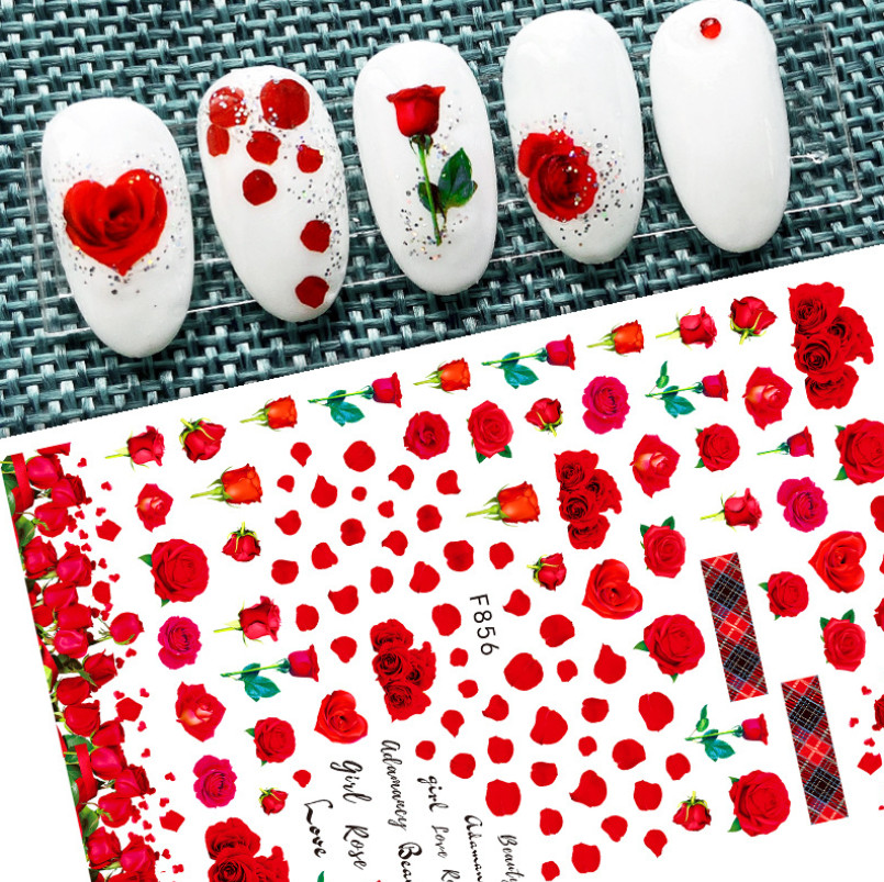 3D Nail Stickers Decals Valentine Red Blue Pink Rose Flower Love Decoration NS3