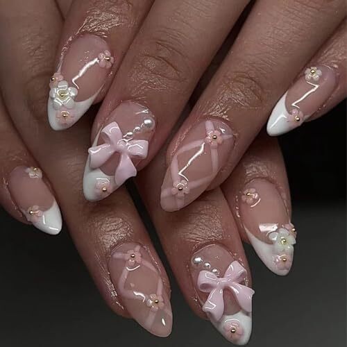 Almond White Press on Nails Short Medium French Tip Fake Pink White 3D Flower