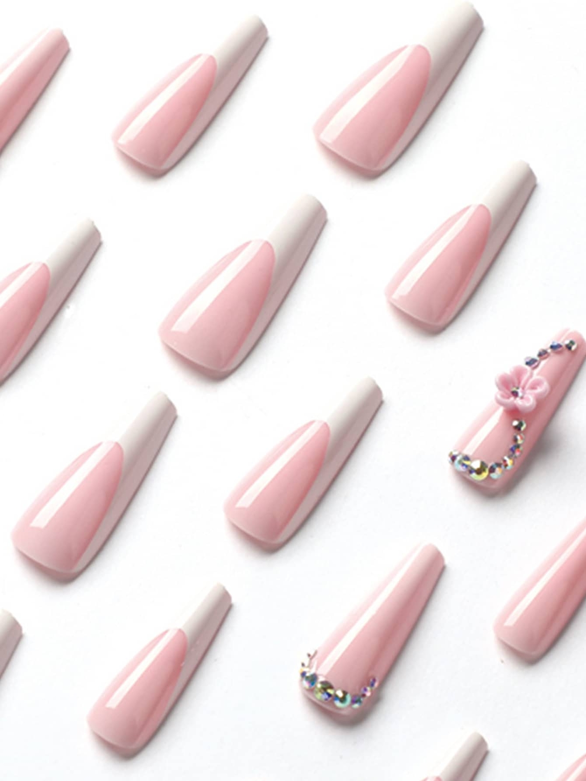 24pcs Long Coffin White French Ombre Rhinestone Flower Fake Nail Press On Nails