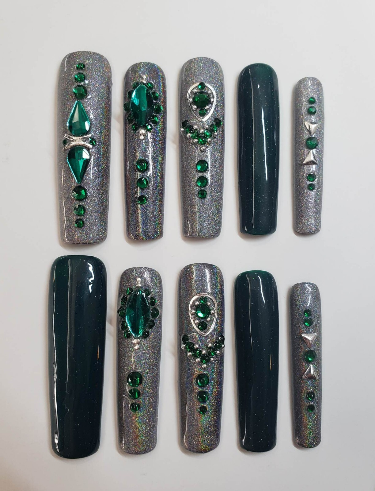 Emerald and Silver Long Square Gel Press-on Nails, Medium Size – Handmade