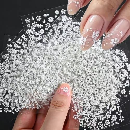 SPLOCUDU 3D White Flower Nail Art Stickers with Rhinestones – 3D Nail Decals