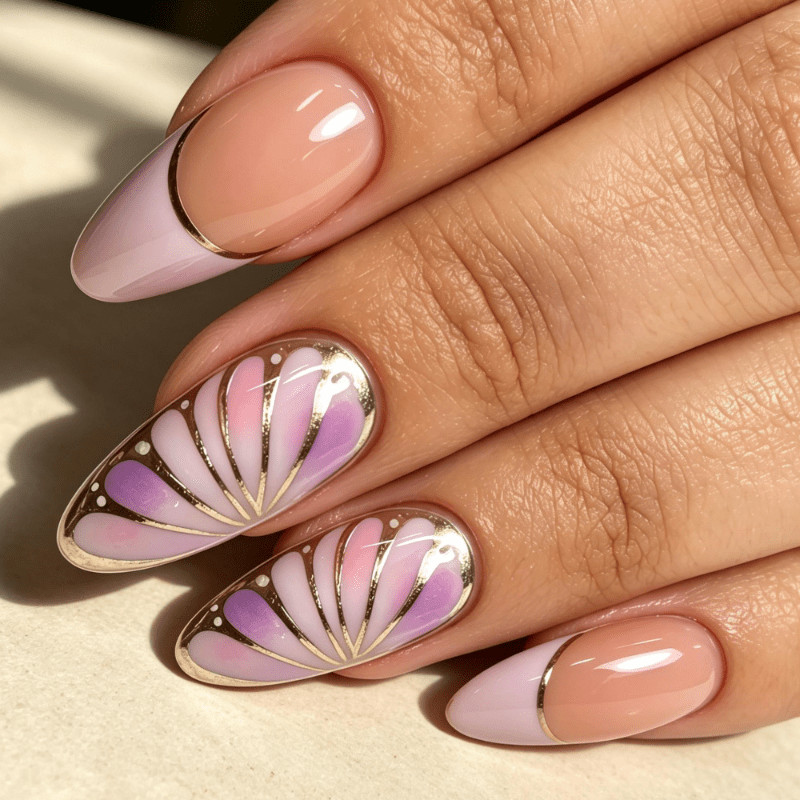 48 Pcs Gold Line Shell Gradient Oval Press on Nails, Soft Beach Nude Fake Nails