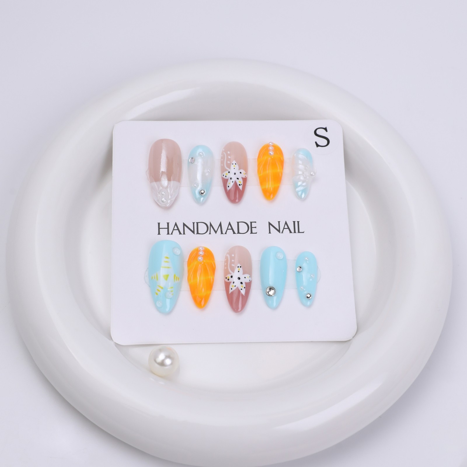 Press On Nails Medium Almond Blue Orange 3D Floral Pearl Summer Beach Nail Set