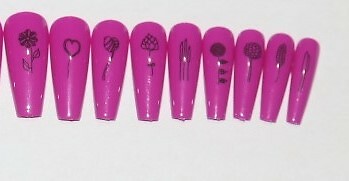 Pink with Flowers, Hearts- press on nail set- Set of 18 Ex-long Ballerina