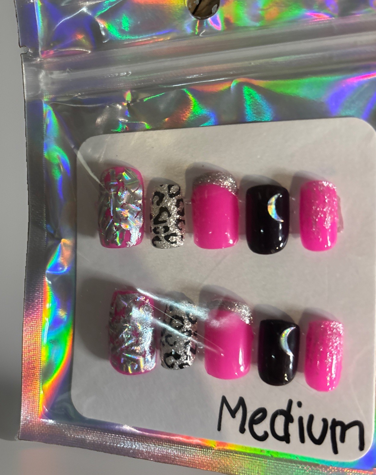 Silver, Pink And Black Press on Nails. Handpainted. Includes Prep Kit