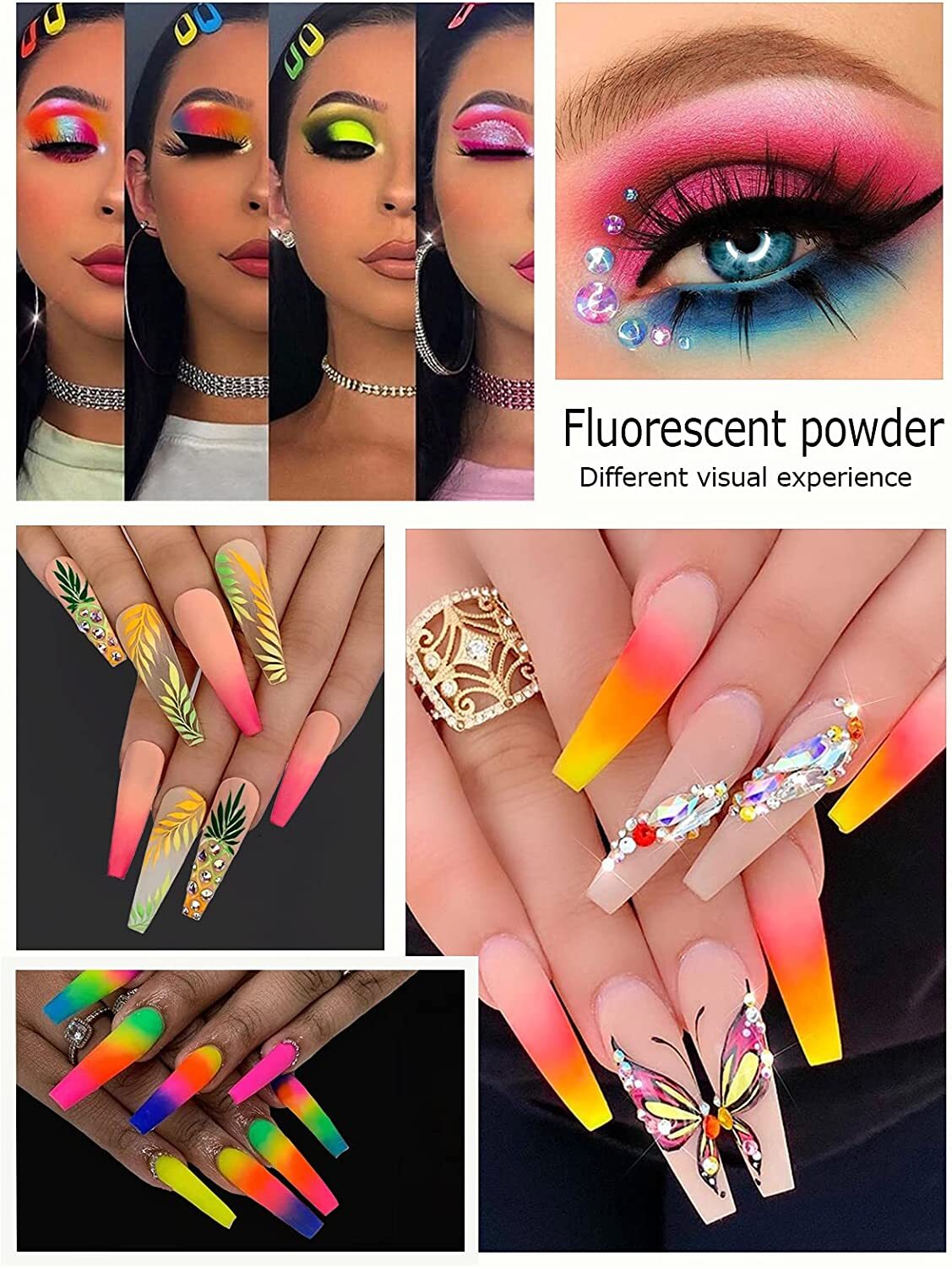 12 Colour Set Neon Pigment Nail Art Powder Dust Ombre Smoky Florescent Face Body