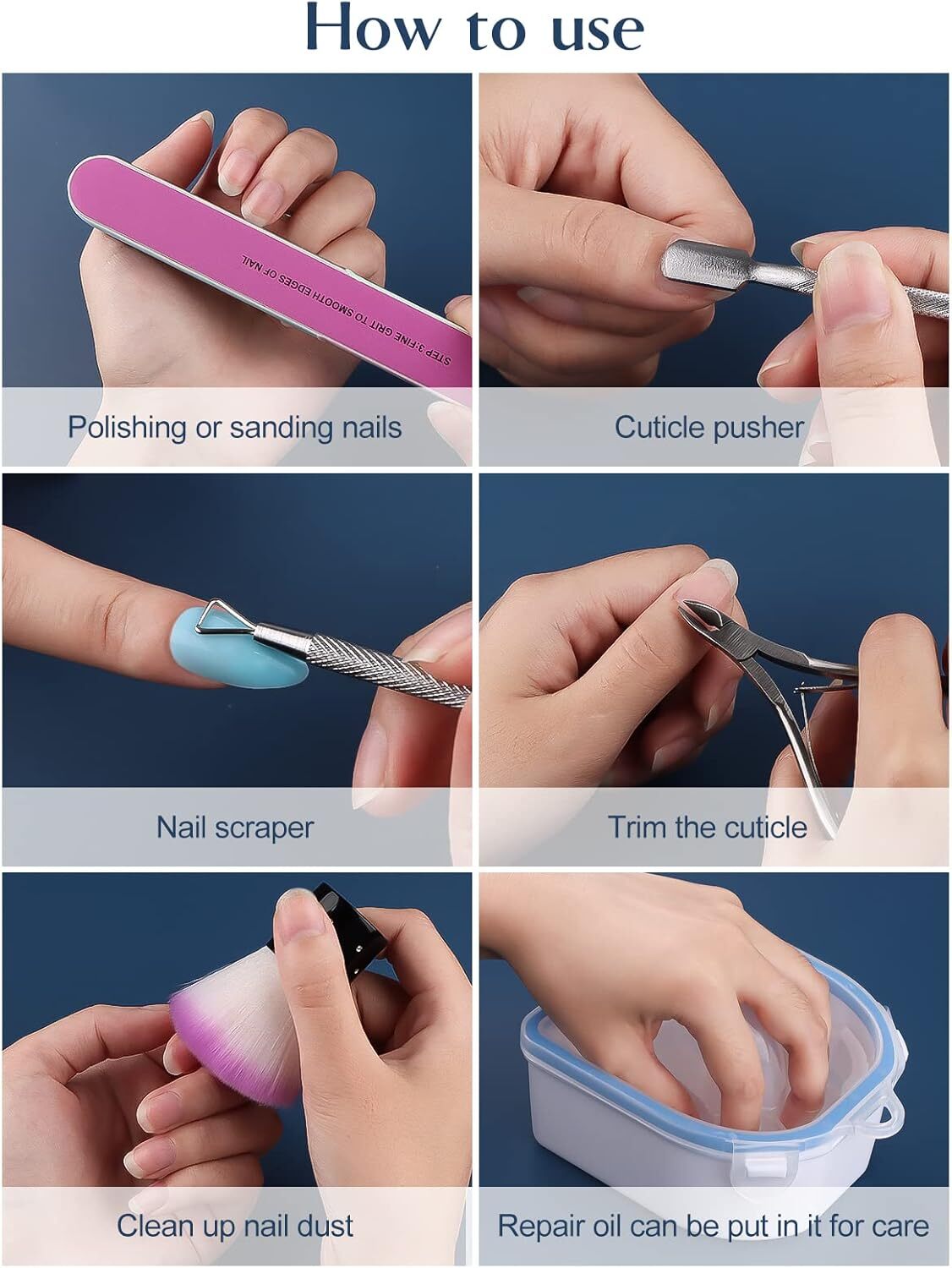 8PCS Nail Soaking Bowls Set, Manicure Spa Kit with Cuticle Tools, Blue