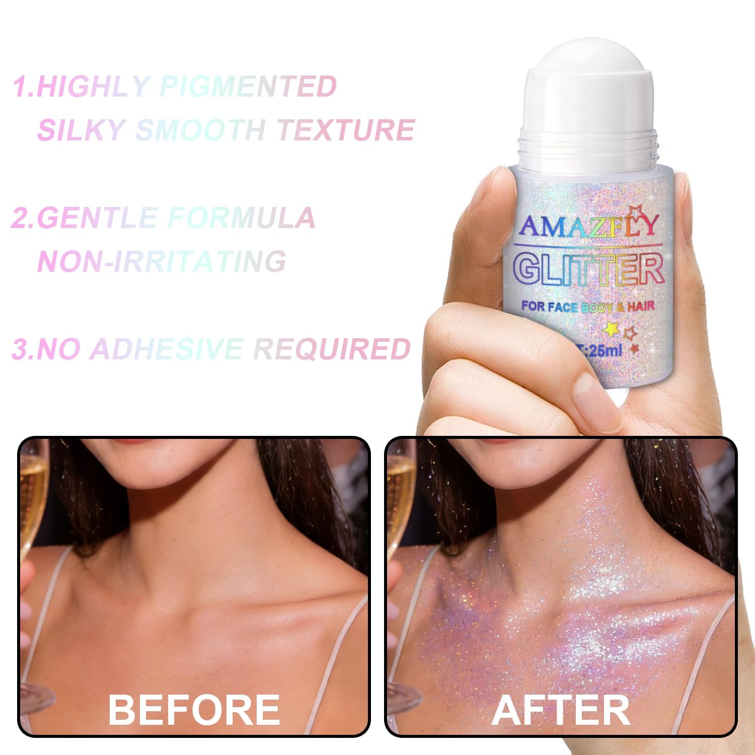 Roll-on Holographic Body Glitter Gel for Body, Hair, Face, Chameleon Color Ch…
