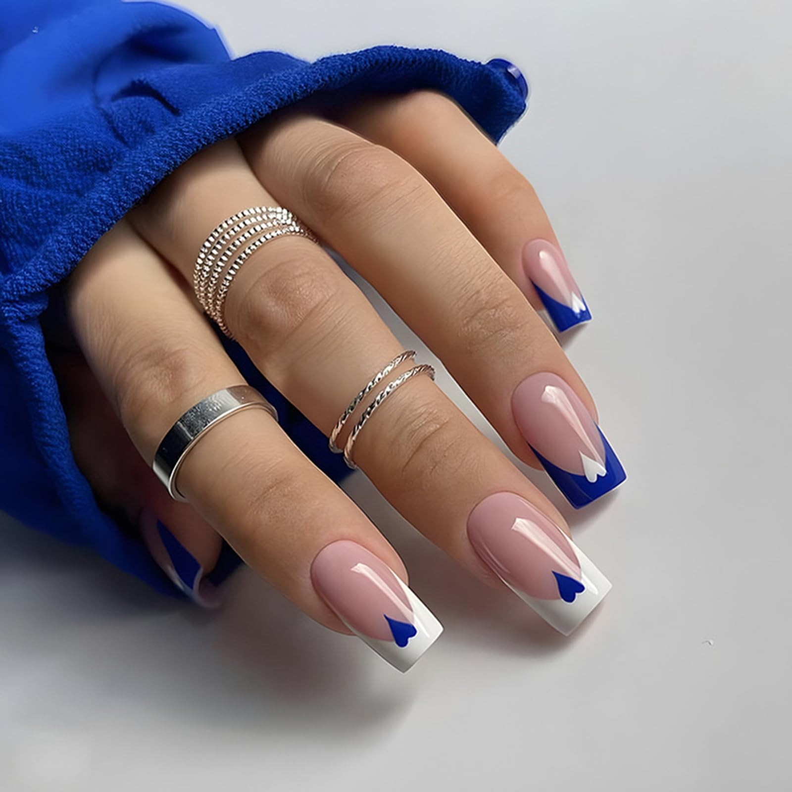 Press on Nails Short Medium Square Nails 24 Pcs, French Blue White Fake Nails…