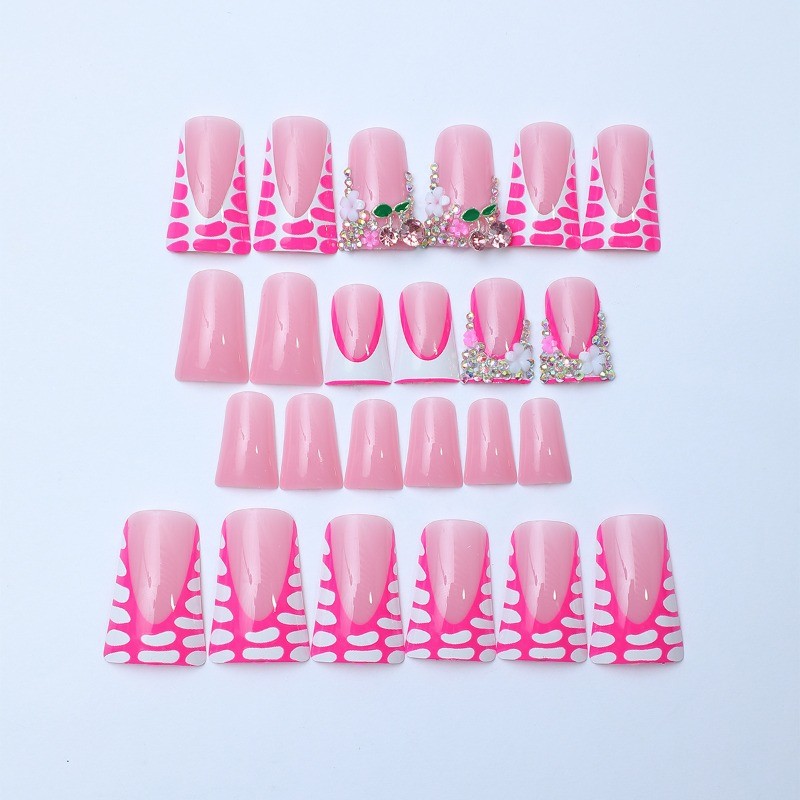 48pcs-Nude Pink Nails with White French Tips, Croc Print & Multicolor Crystals