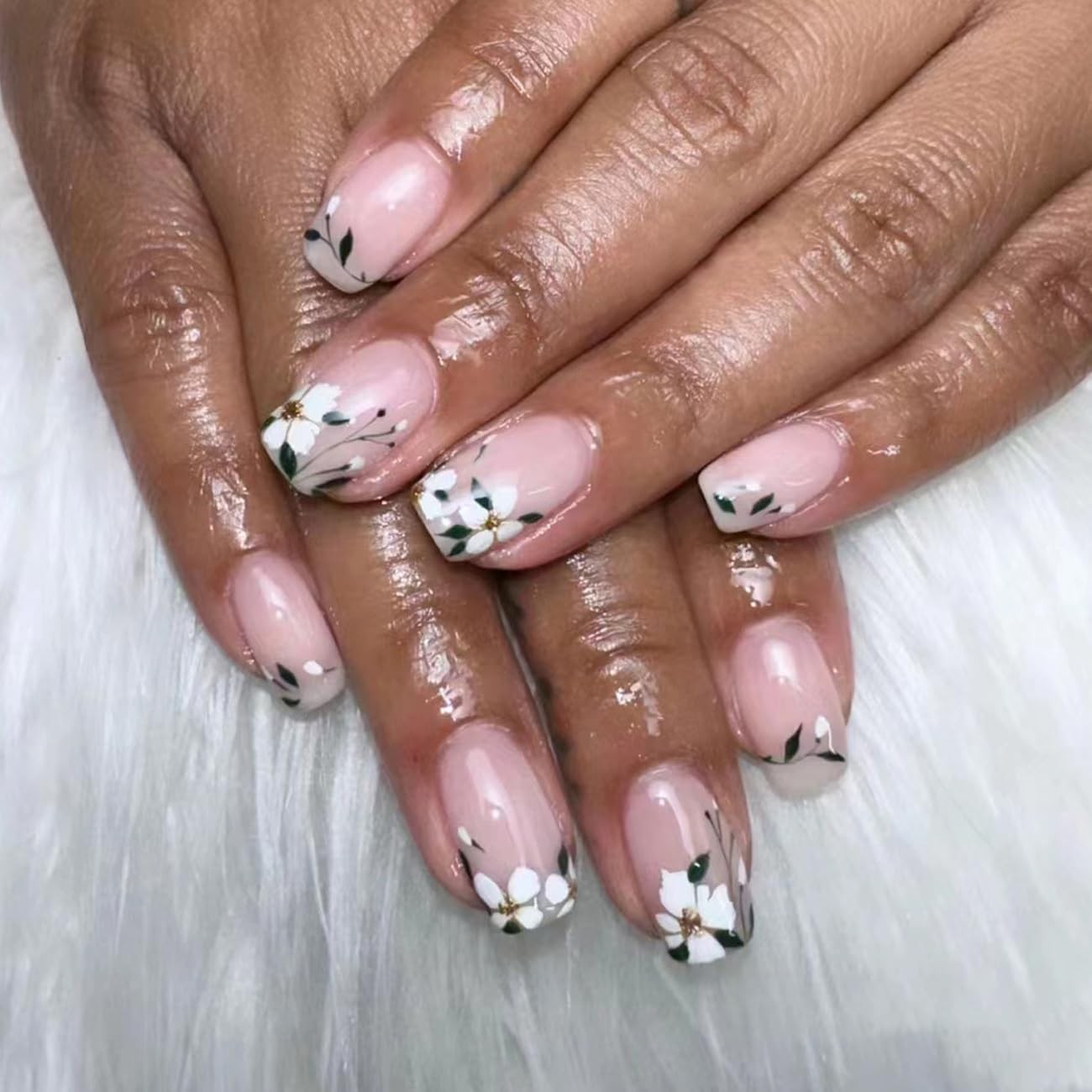Light Pink Press on Nails Square Medium Fake Nails,French Tip Glossy Flower F…