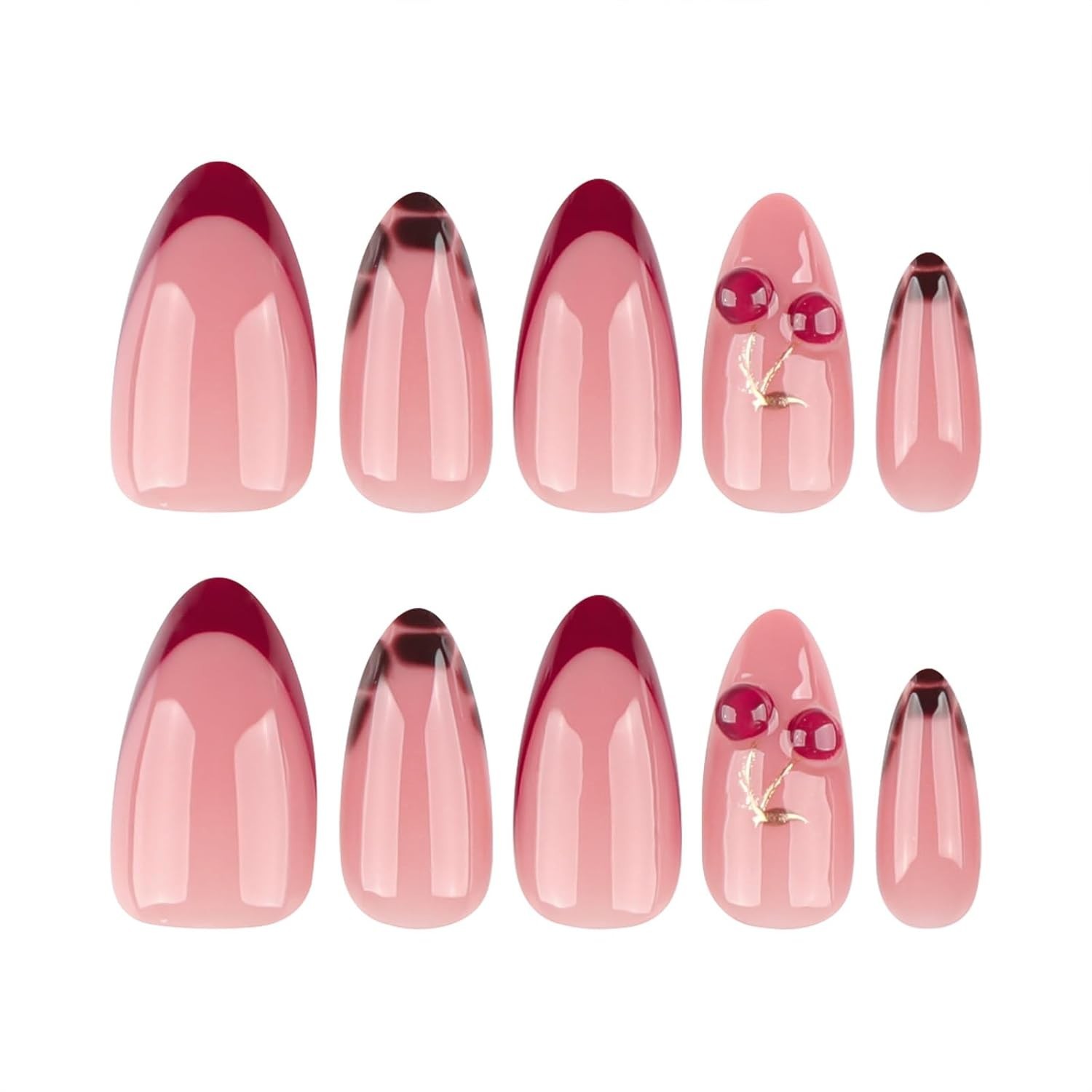 Medium Press On Nails Almond – 3D Cherry Design with Gold Branch, Red French …