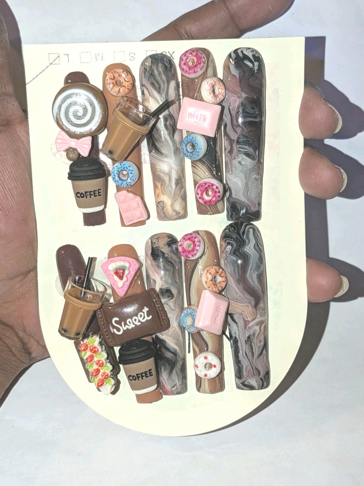 Hand Crafted 3Xl Java Marble Brown & Pink 3D Dessert Press-On Nails Sz Large