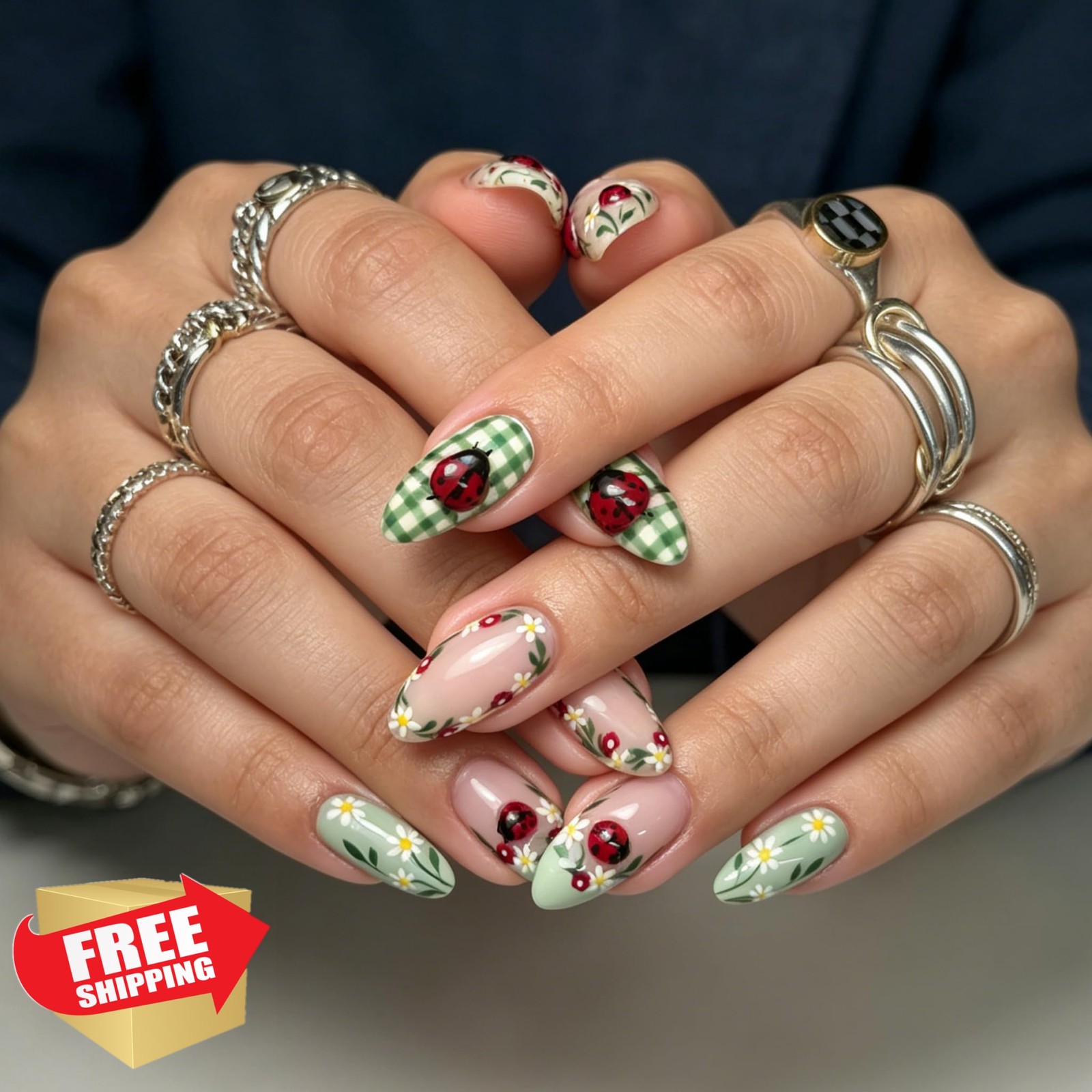 Tephrent Ladybug French tip nails medium