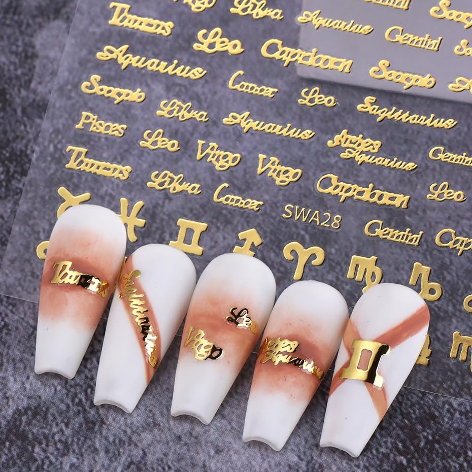 SHUXILIN Zodiac Letter Nail Stickers 6 Sheets Gold Silver Pink