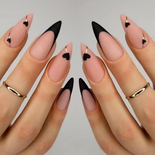 Black French Tip Press on Nails Medium Almond Fake 1 Fl Oz (Pack of 1) Style003