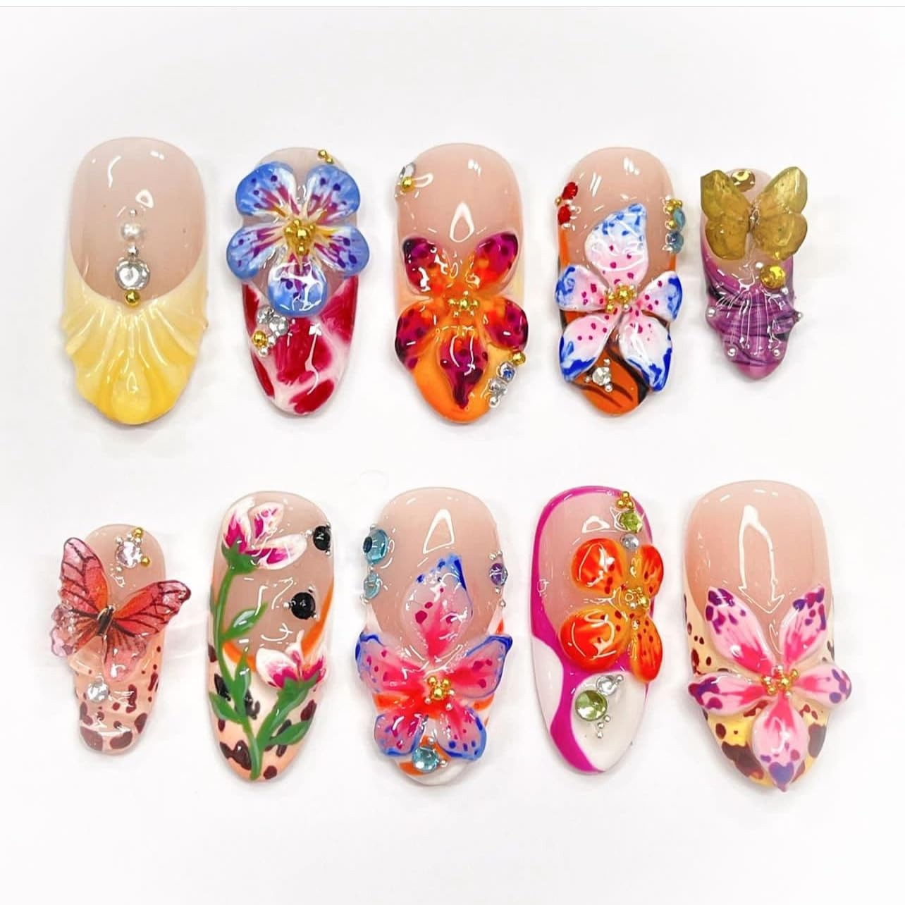 Tropical Flower 3D False Nails With Tools, Vibrant Summer Colorful Butterfly …