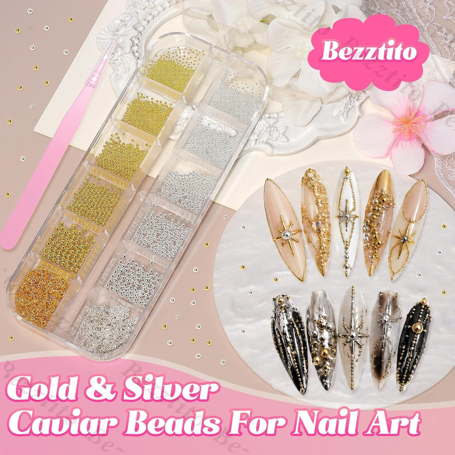 Gold Silver Caviar Beads 0.8-2Mm, Nail Chains & Metal Beads Kit | round Metal Na