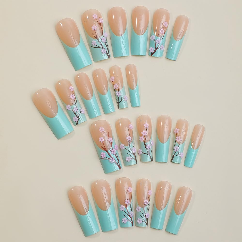 French Tip Press on Nails Blue Square Long Fake Nails