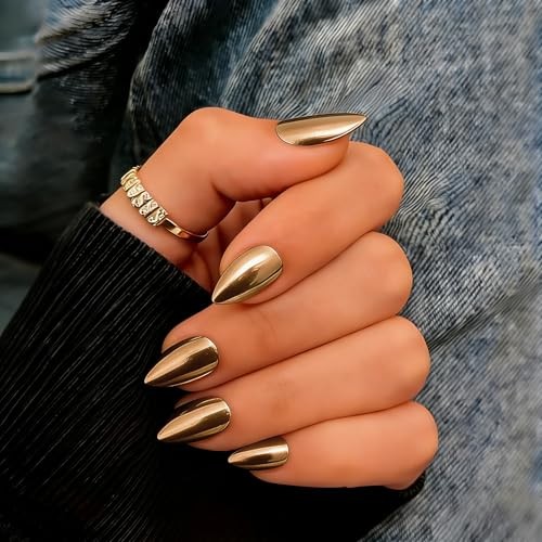 Chrome Press On Nails Short Almond, Metallic Bronze Brown Fake almond-bronze