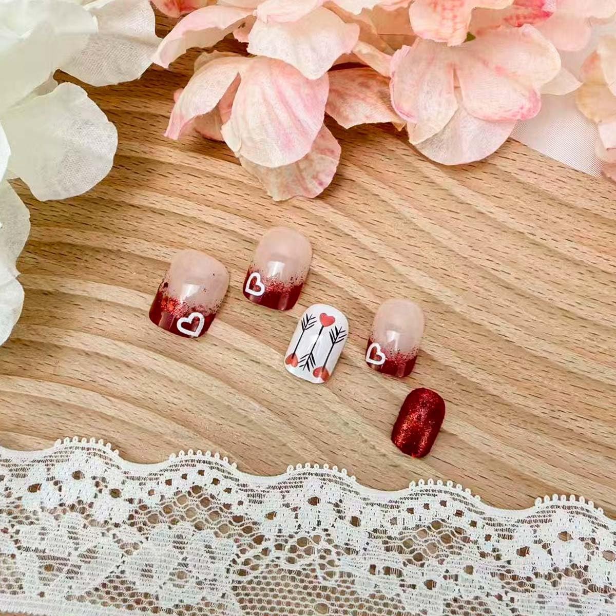 24Pcs Valentines French Tip Press on Nails Short Square Heart Fake Nails Red …