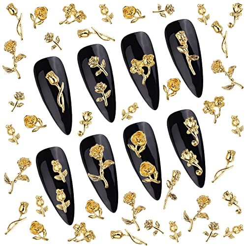 120 PCS 3D Gold Rose Nail Art Charms Romantic Flowers Nails Rose Nail Charms