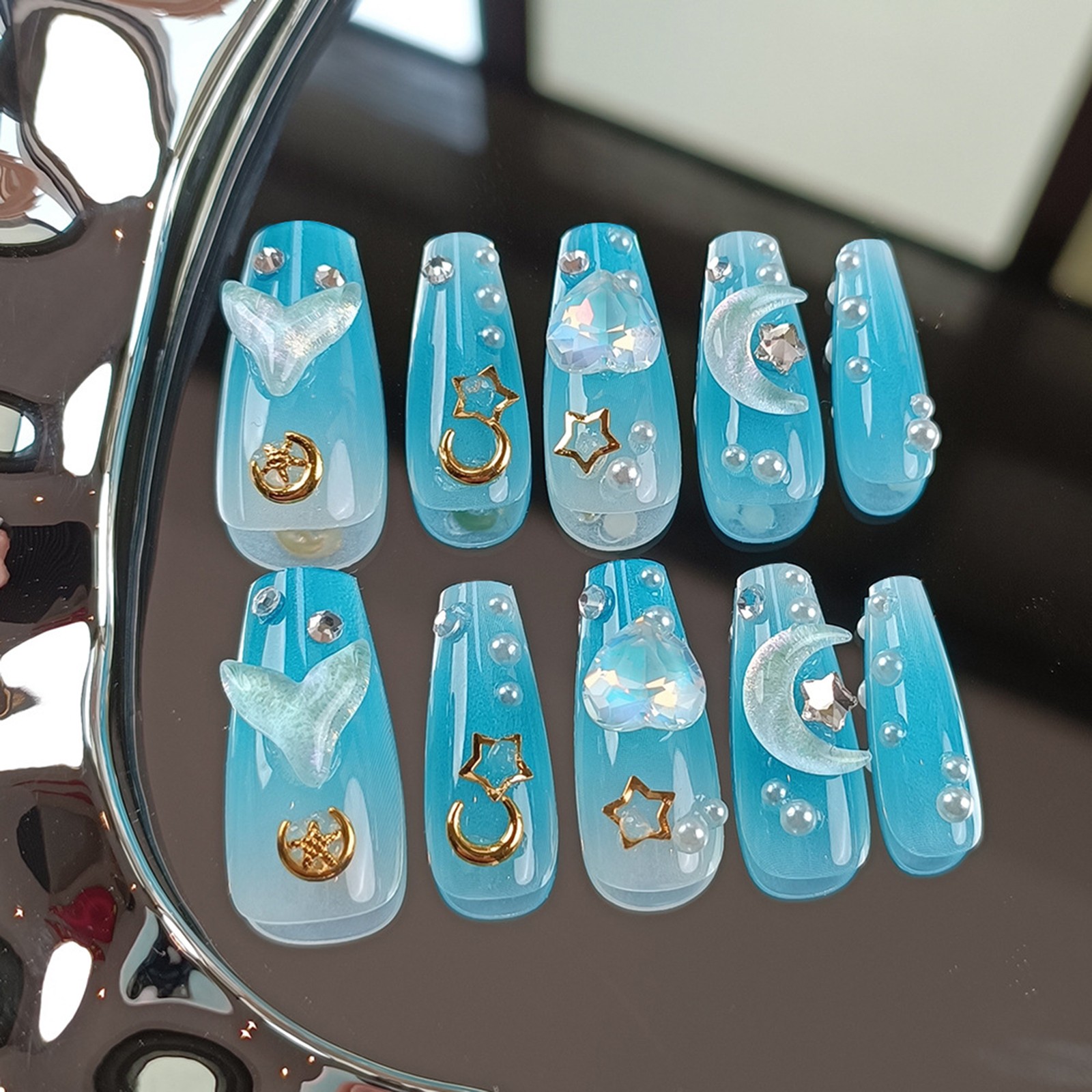 Nail Art Stickers 3D Heart Blue Icy Clear Ocean Moon Collection 10-Piece Set