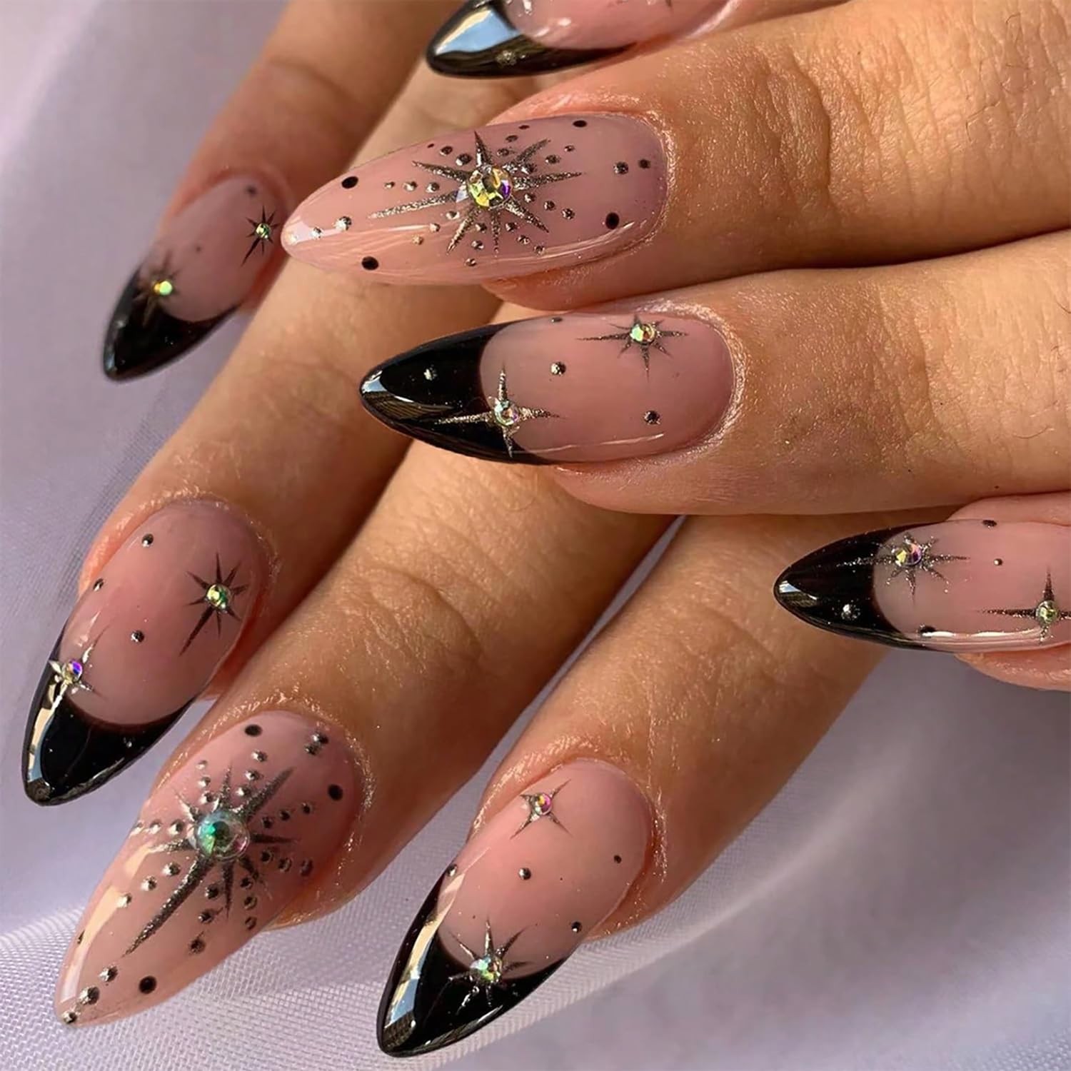 Black French Tip Press on Nails Medium Gold Glitter Rhinestones Medium, Multi